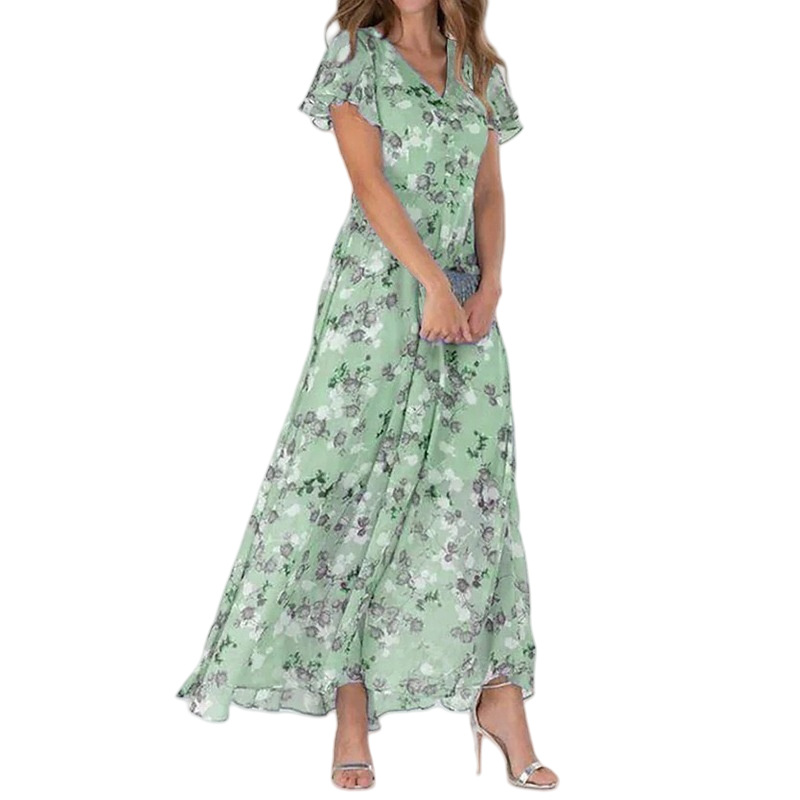 2026 New Chiffon Print Dress: Elegant V-neck Short-sleeve Full-skirted Maxi Dress