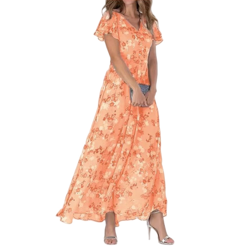 2026 New Chiffon Print Dress: Elegant V-neck Short-sleeve Full-skirted Maxi Dress