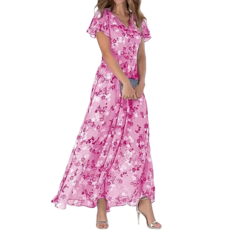 2026 New Chiffon Print Dress: Elegant V-neck Short-sleeve Full-skirted Maxi Dress