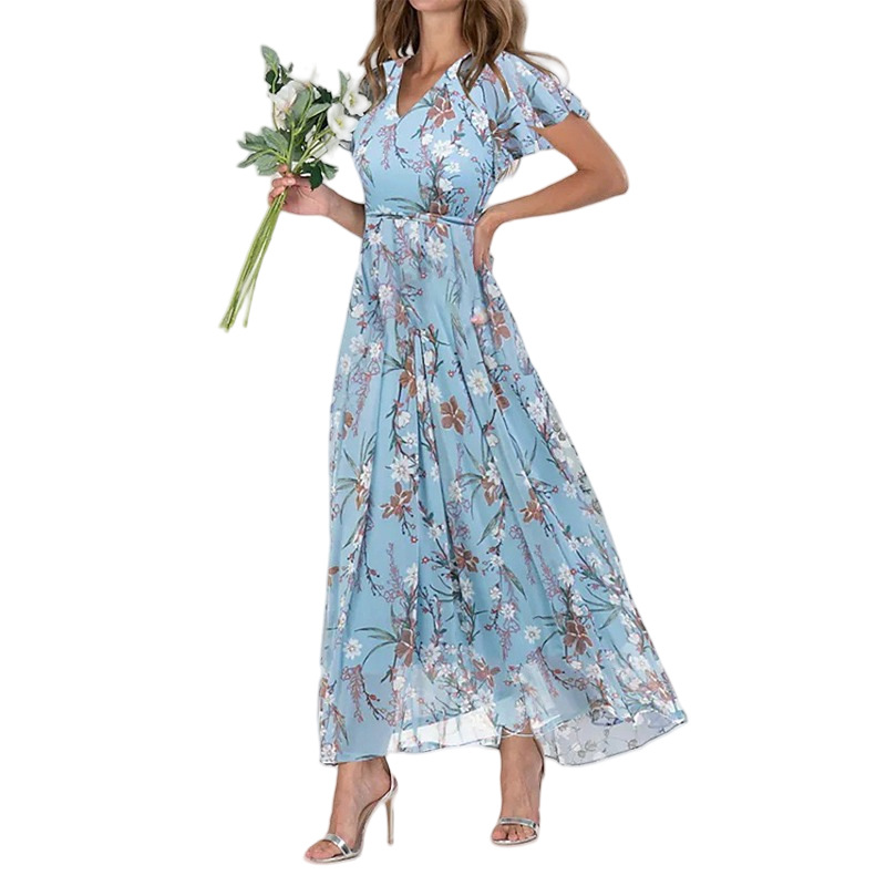 2026 New Chiffon Print Dress: Elegant V-neck Short-sleeve Full-skirted Maxi Dress