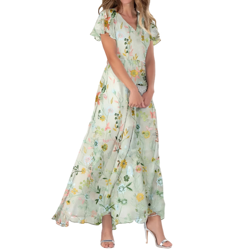 2026 New Chiffon Print Dress: Elegant V-neck Short-sleeve Full-skirted Maxi Dress