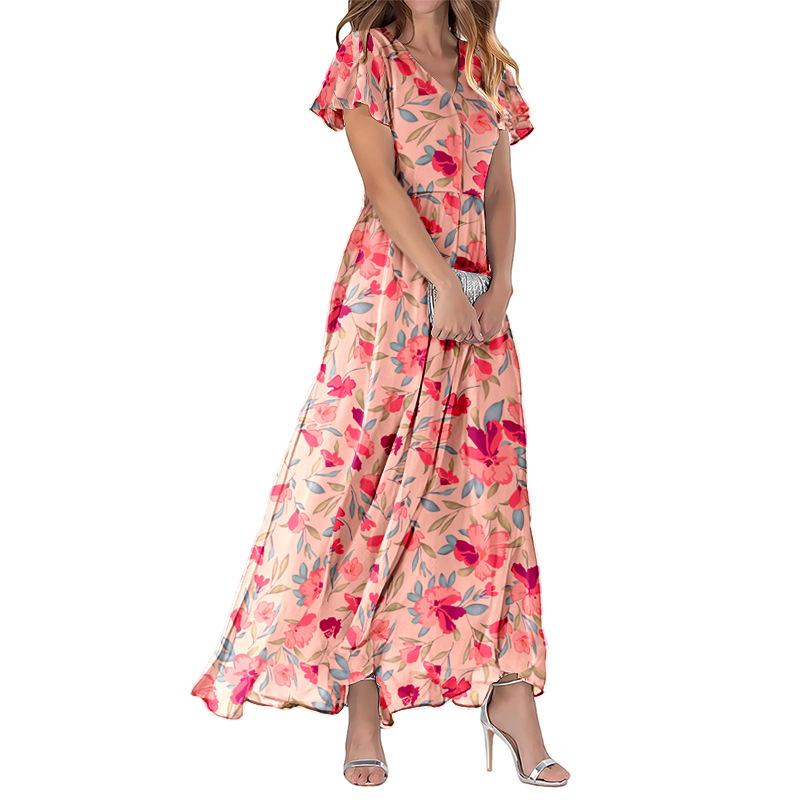 2026 New Chiffon Print Dress: Elegant V-neck Short-sleeve Full-skirted Maxi Dress
