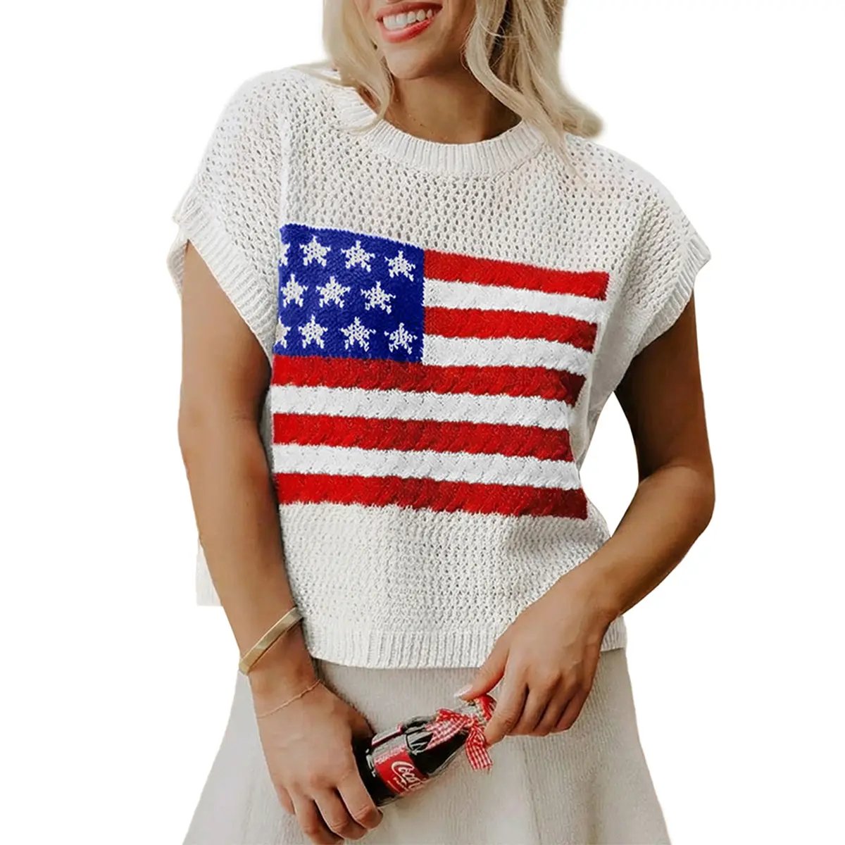 Women's American Flag Graphic Relaxed Fit Short Sleeve Knit Sweater Top