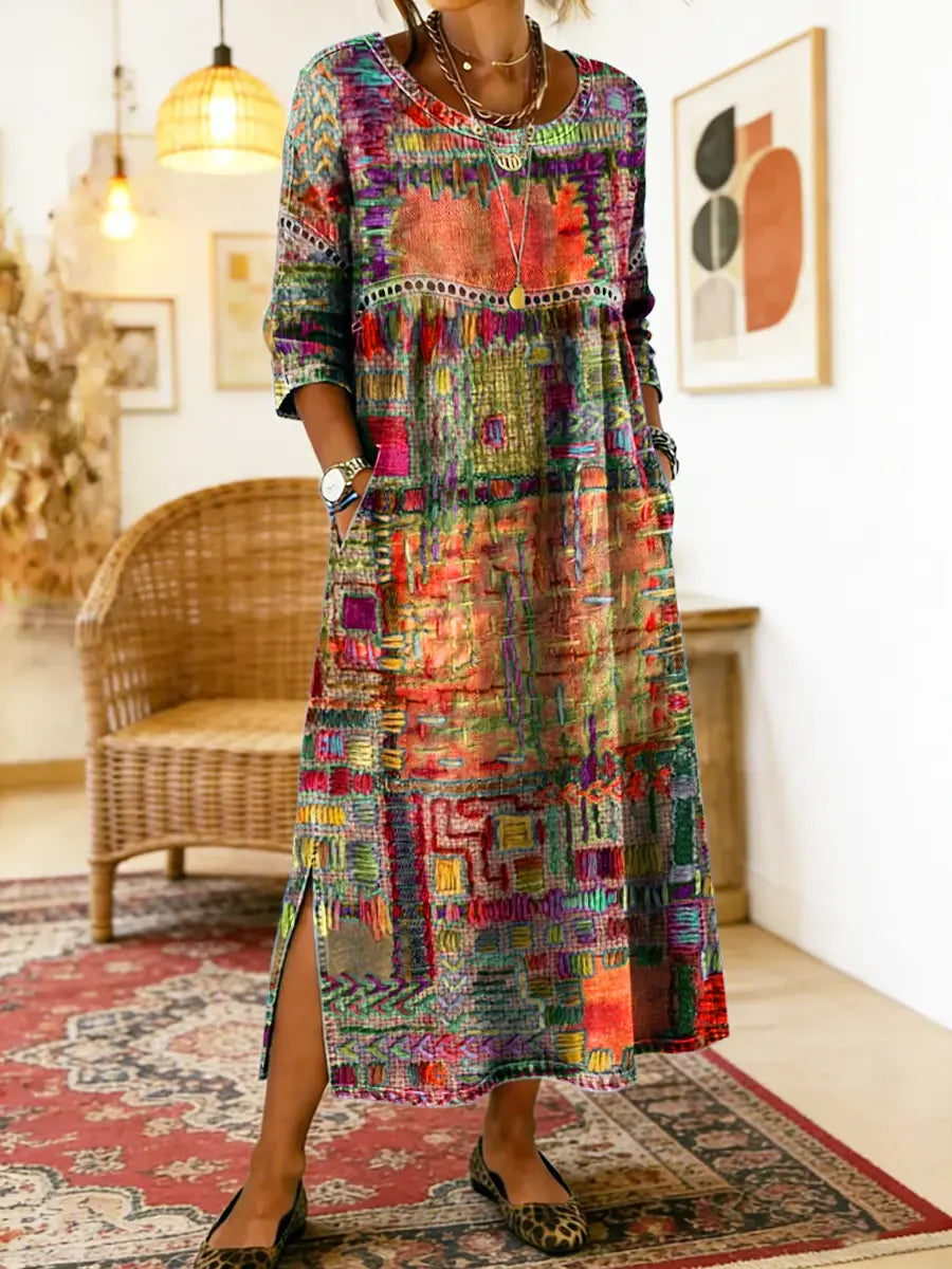 Printed Dress with Ethnic Patchwork