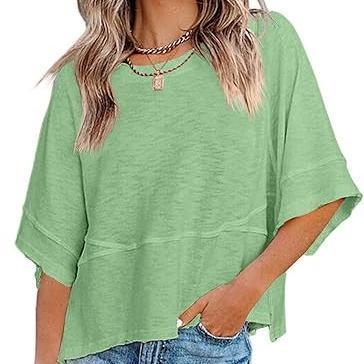 Damen Sommer Freizeit-T-Shirt mit Rundhalsausschnitt, Fledermaus-Halbarm, einfarbig, locker geschnitten, süßes Basic, fließendes Oberteil / Bluse