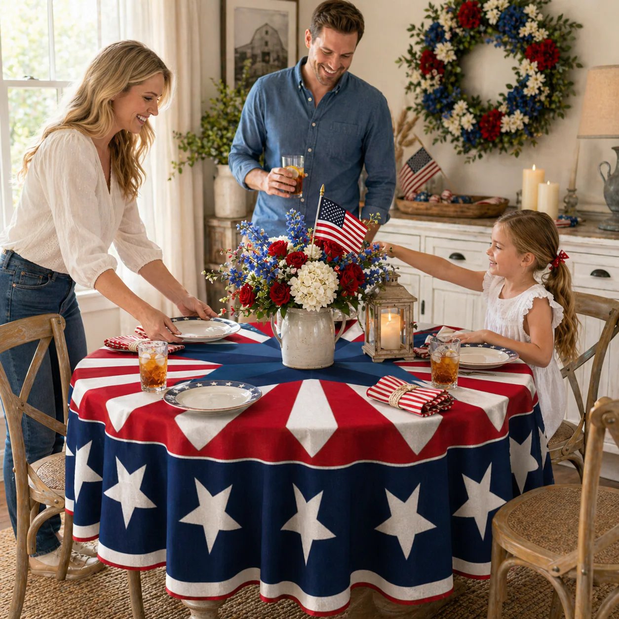 🇺🇸 Patriotic Starburst Tablecloth – 55′′ or 70′′, Red/White/Navy 🎆