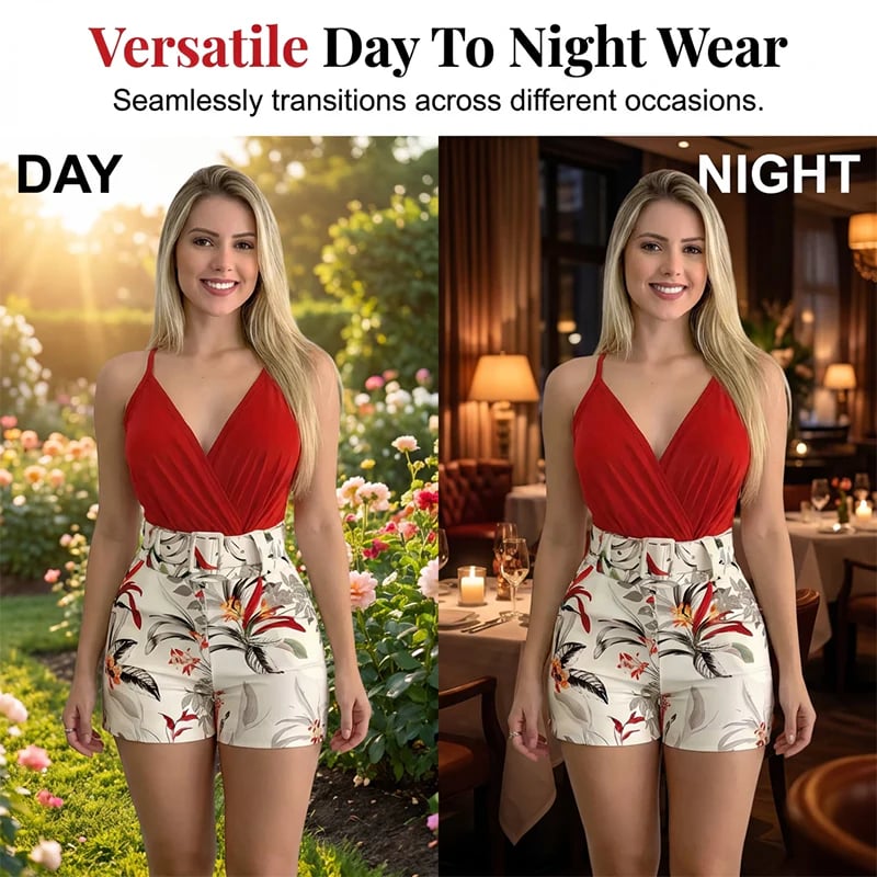 ⏰ V-Neck & High-Waist Shorts Set – Tropical Print, 2-Piece Vacation Outfit 🌴