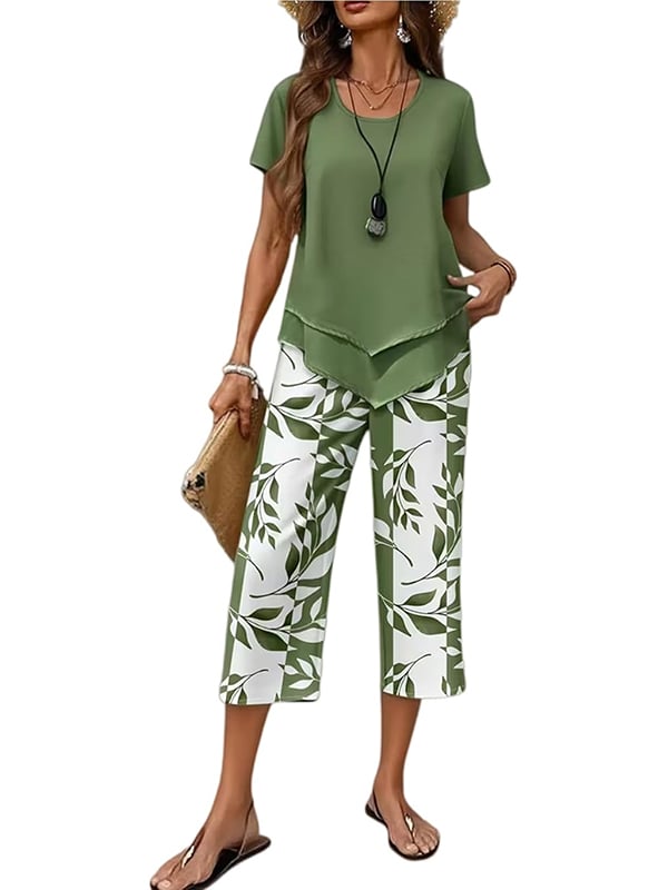 Women's Casual Two-Piece Set: Printed Cropped Pants, Stylish Top, Fashionable Loungewear Set, Summer Outfit, Relaxed Fit, Breathable & Comfortable