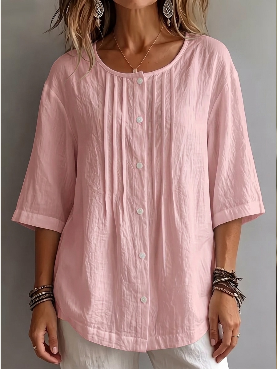 New Arrival 🔥Women'S Round Neck Three-Quarter Sleeve Pleated Shirt