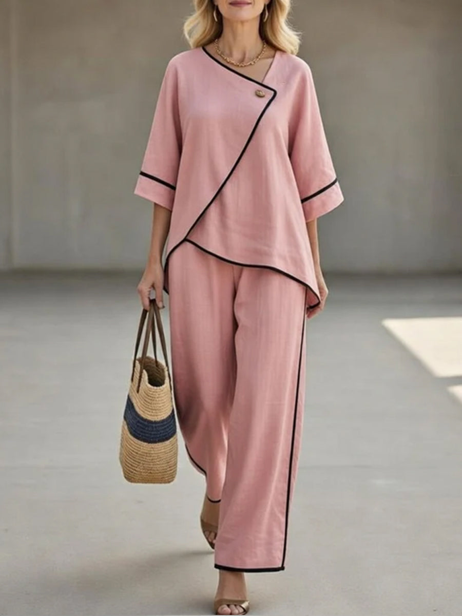 Lässiges schwarzes Leinen- und Baumwoll-Set – asymmetrisches Oberteil mit Kragen und Hose