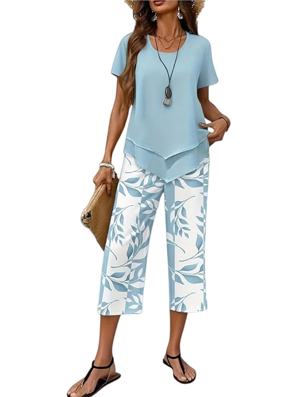 Women's Casual Two-Piece Set: Printed Cropped Pants, Stylish Top, Fashionable Loungewear Set, Summer Outfit, Relaxed Fit, Breathable & Comfortable