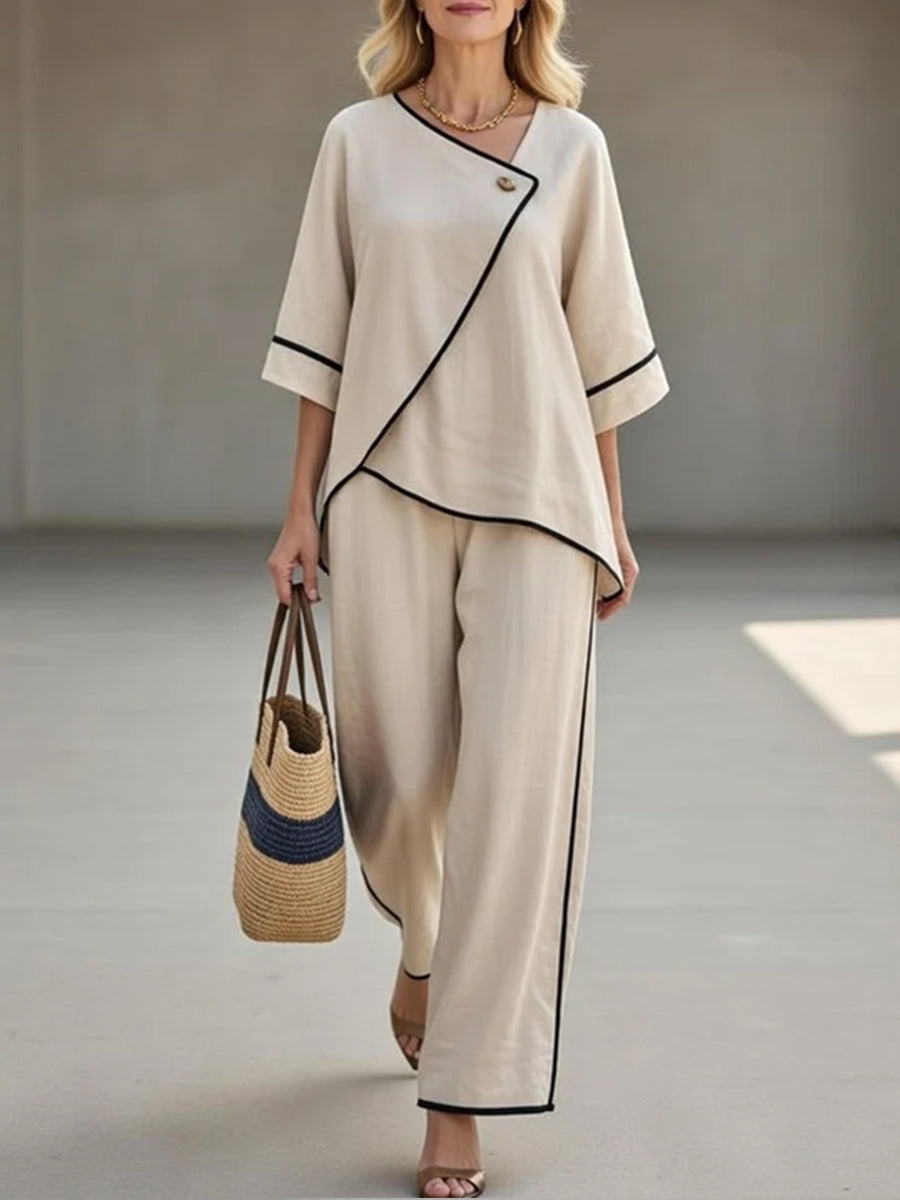 Lässiges schwarzes Leinen- und Baumwoll-Set – asymmetrisches Oberteil mit Kragen und Hose