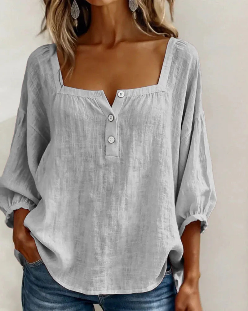 🌸Pink Square-Neck Half-Button Shirt