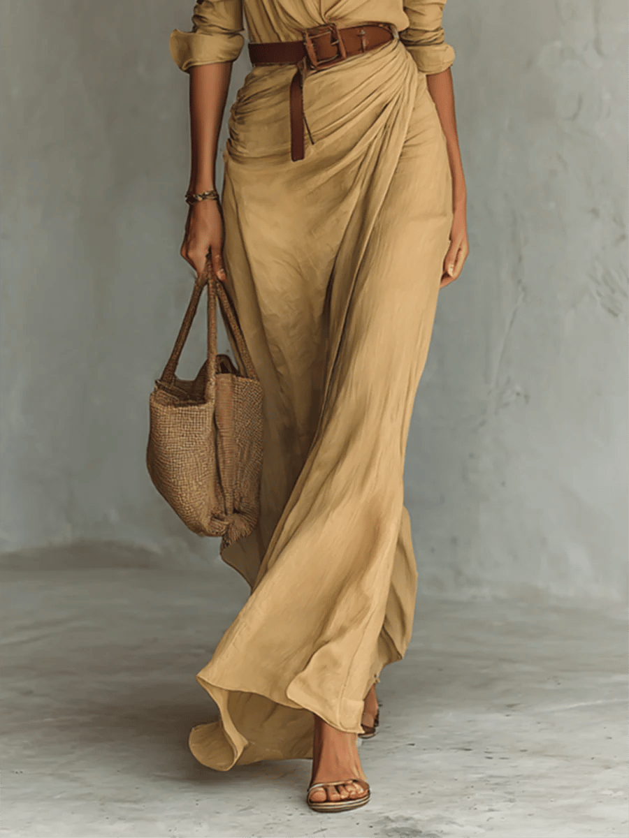 Ladies Lapel Single Breasted Long Sleeve Belted Maxi Dress MDA1500G4Y