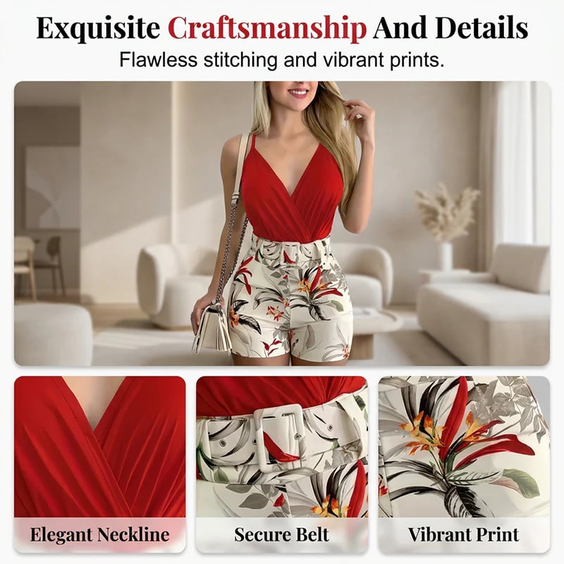 ⏰ V-Neck & High-Waist Shorts Set – Tropical Print, 2-Piece Vacation Outfit 🌴