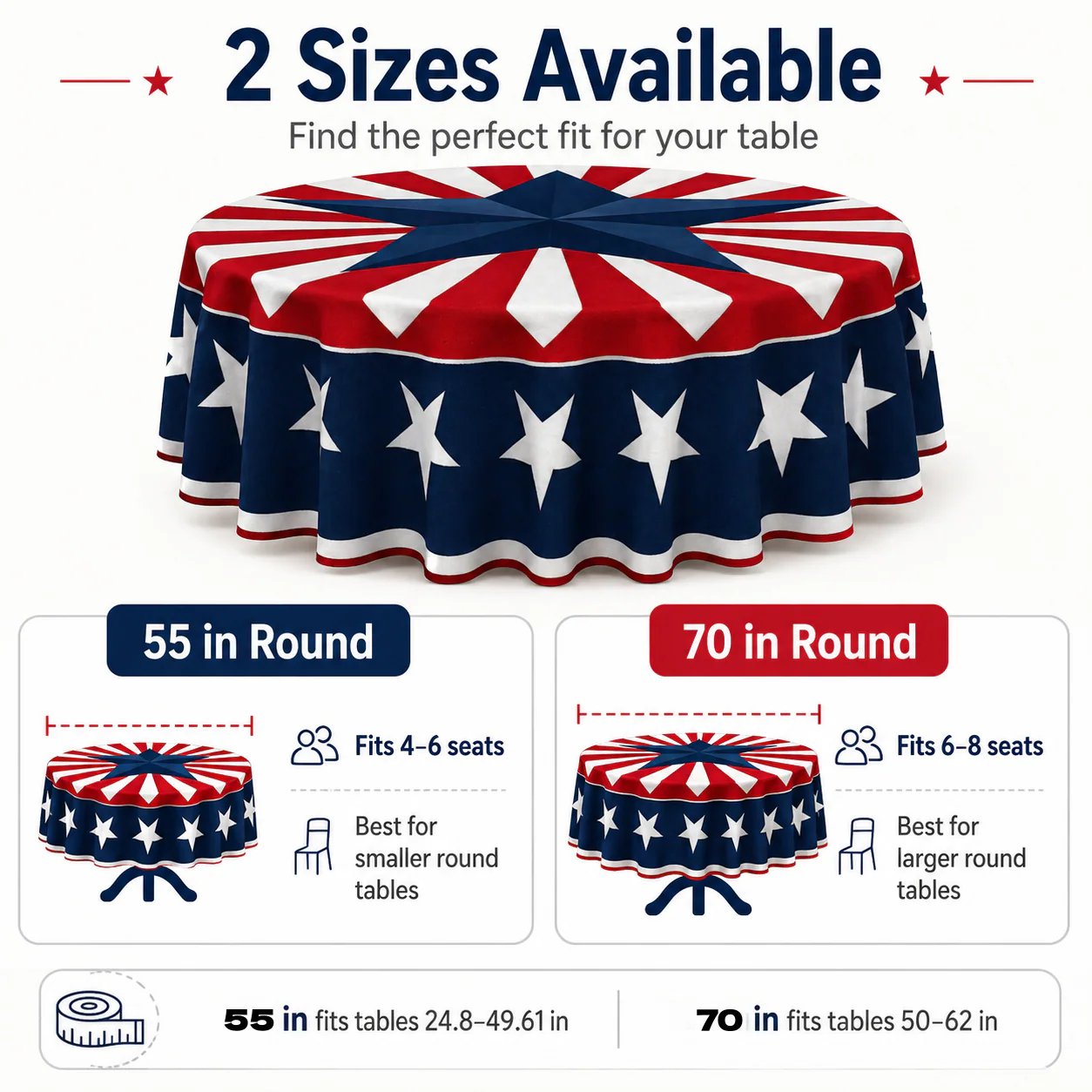 🇺🇸 Patriotic Starburst Tablecloth – 55′′ or 70′′, Red/White/Navy 🎆