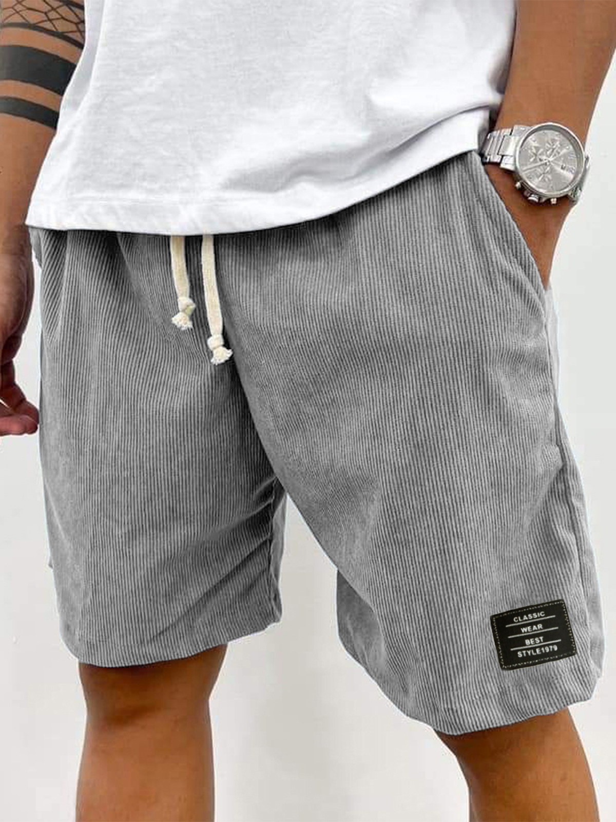Herren Stilvolle Corduroy Einfache Bestickte Etikett Urlaub Lässige Shorts