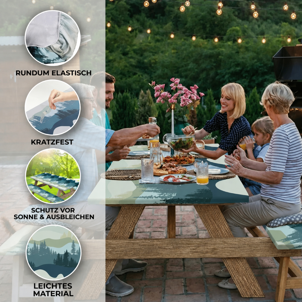 Stretch Tablecloth with Bench Covers & Carrying Bag - Waterproof Polyester Picnic Table Cover Set for Outdoor Patio Furniture