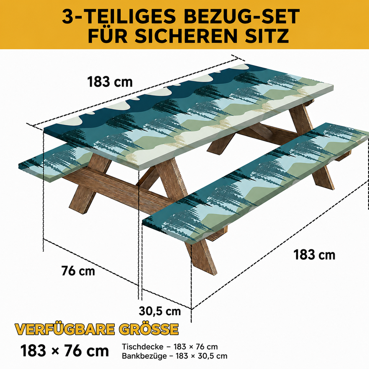 Stretch Tablecloth with Bench Covers & Carrying Bag - Waterproof Polyester Picnic Table Cover Set for Outdoor Patio Furniture