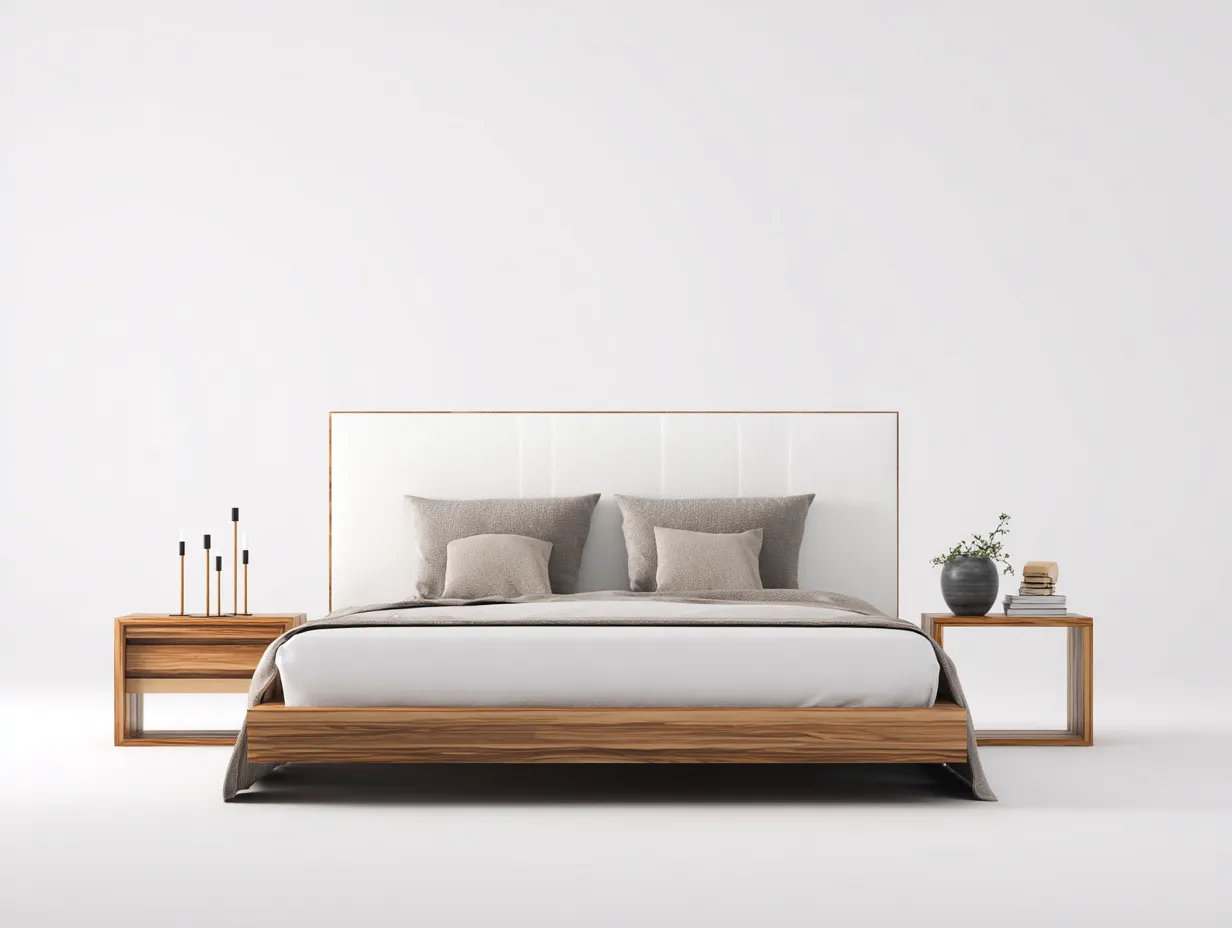 Camas dobles de madera con cabecero tapizado 206x166x100 cm blanco-marrón claro estilo moderno-Soluxzanest