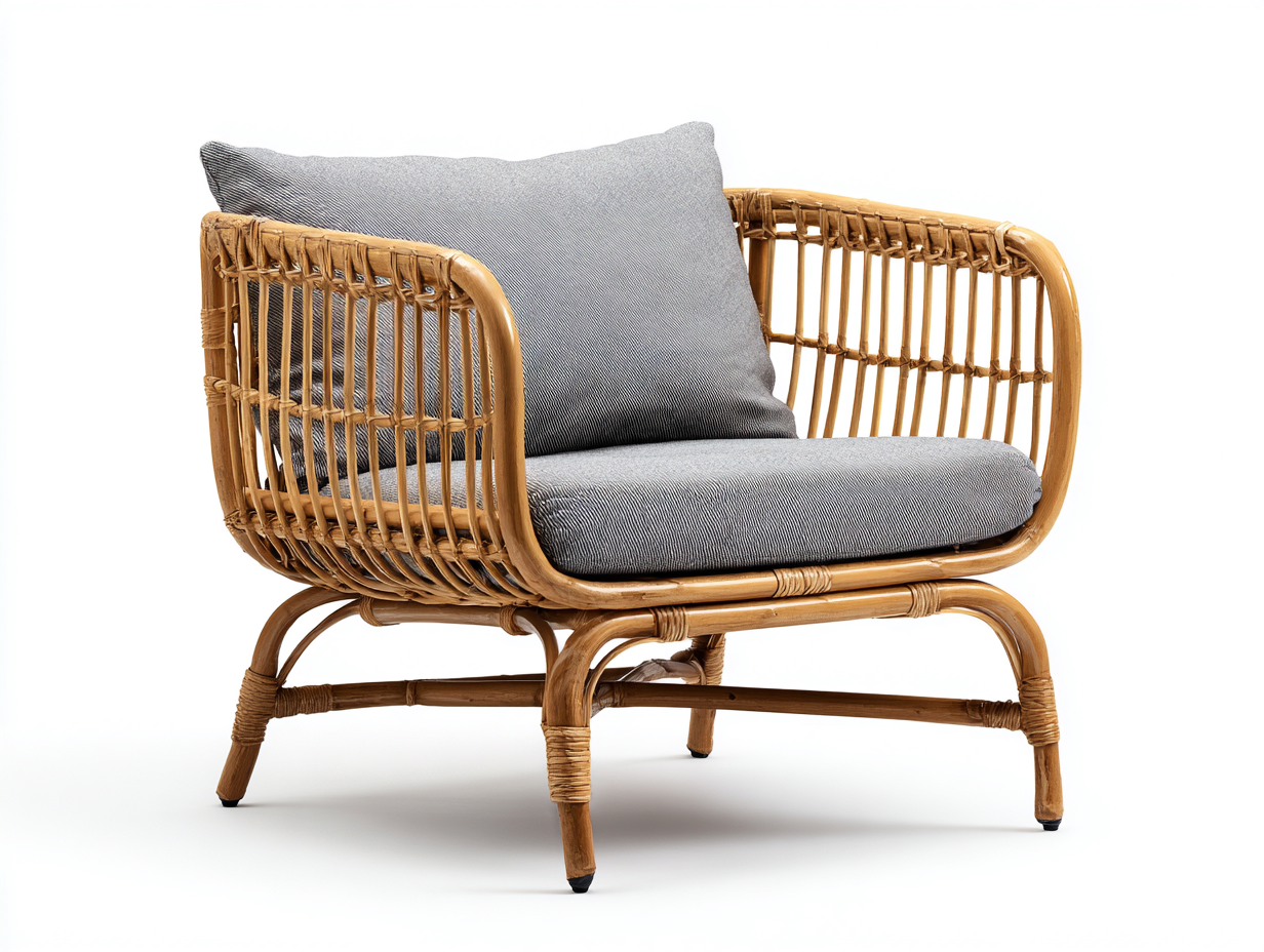 Sillón de ratán con cojín 75x70x80 cm - marrón-gris - diseño natural moderno-Soluxzanest