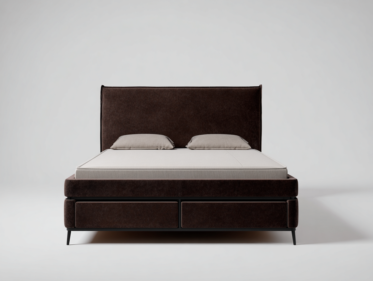 Camas dobles tapizadas de piel sintética 203x163x110 cm marrón oscuro con 2 cajones estilo moderno-Soluxzanest