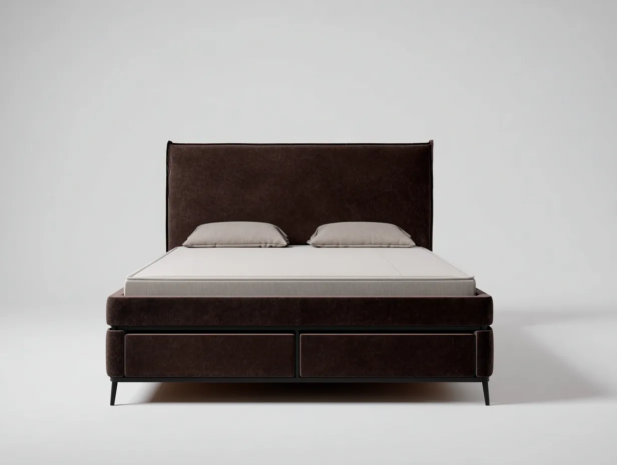 Camas dobles tapizadas de piel sintética 203x163x110 cm marrón oscuro con 2 cajones estilo moderno-Soluxzanest