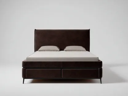 Camas dobles tapizadas de piel sintética 203x163x110 cm marrón oscuro con 2 cajones estilo moderno-Soluxzanest
