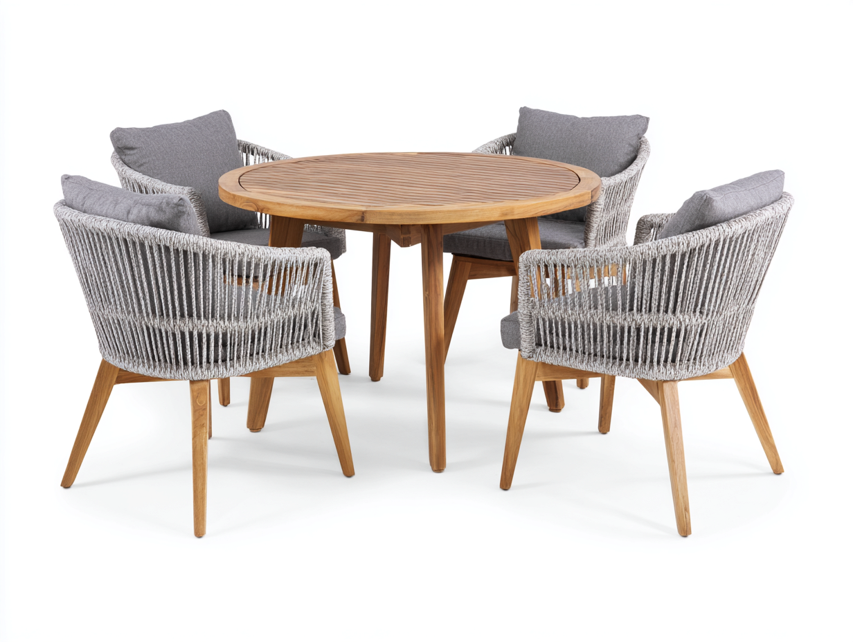 Conjuntos de comedor de jardín de madera maciza y cuerda 120x120x75 cm - marrón-gris - mesa redonda y 4 sillones - diseño moderno para exterior-Soluxzanest
