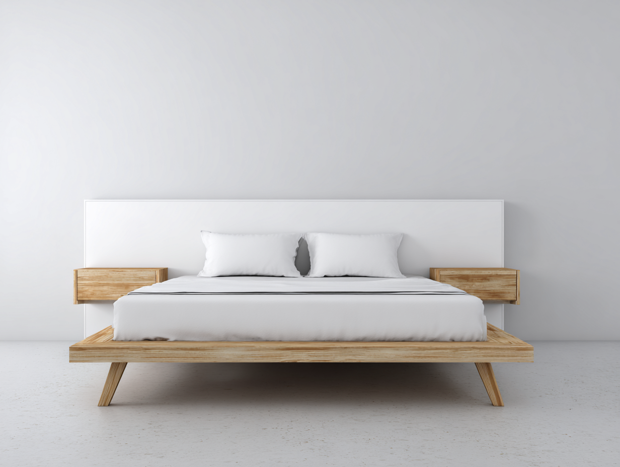 Cama doble de madera 210x168x95 cm - blanco y color madera - mesillas integradas y diseño moderno-Soluxzanest