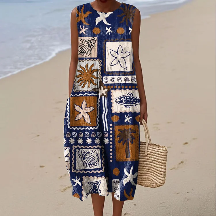 Women's Vintage Abstract Geometry Art Print Sleeveless Cotton Pocket Wrap Dress