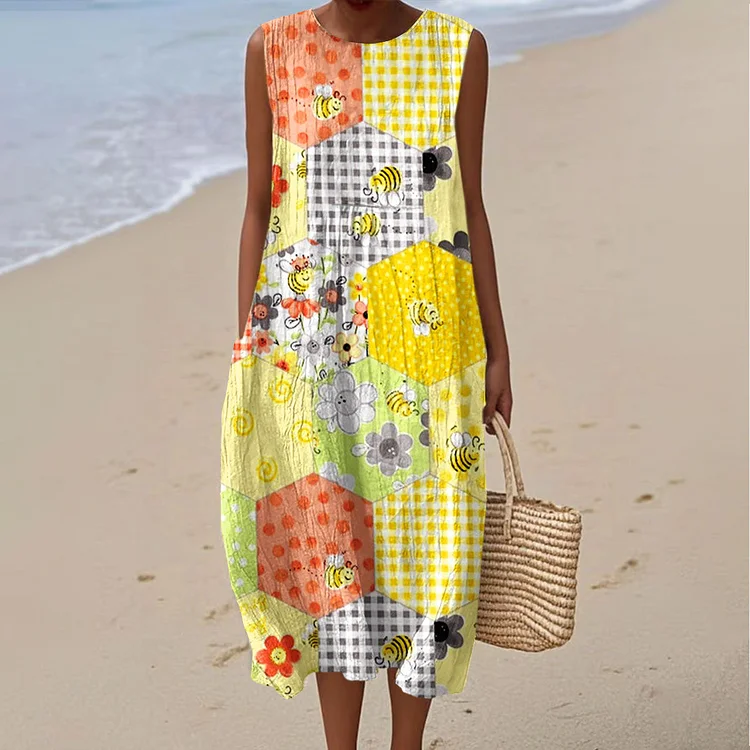 Women's Vintage Abstract Geometry Art Print Sleeveless Cotton Pocket Wrap Dress