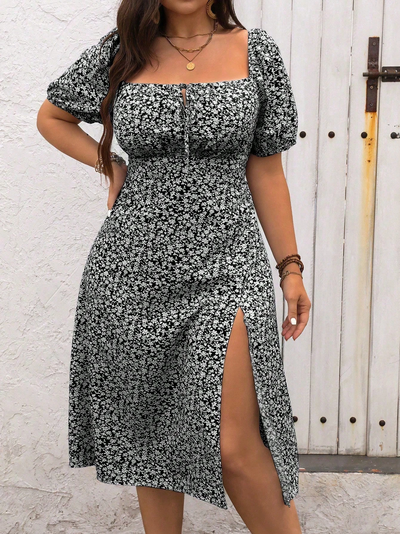 Women’s Floral Split Midi Dress – Elegant Summer Vacation Style