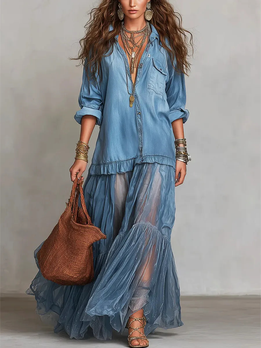 New Arrivals🔥 Women's Retro Lapel Denim Organza Patchwork Art Casual Maxi Dress