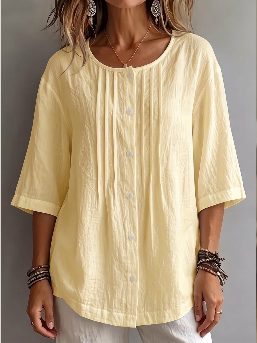 New Arrival 🔥Women'S Round Neck Three-Quarter Sleeve Pleated Shirt