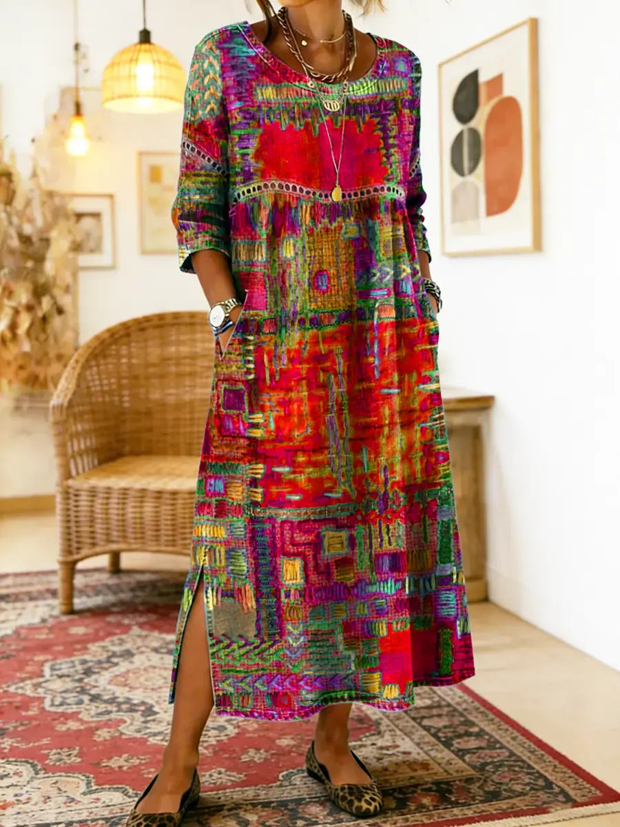 Printed Dress with Ethnic Patchwork