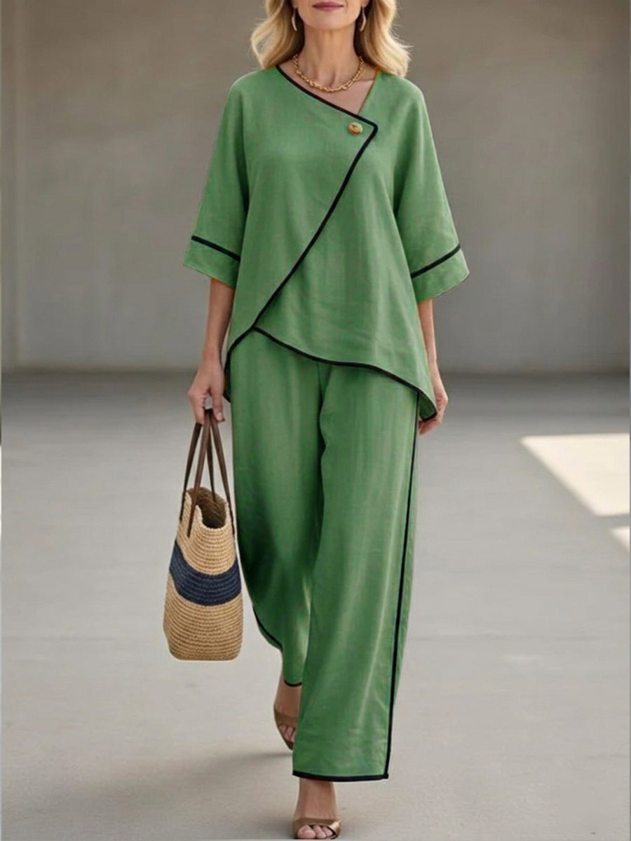 Lässiges schwarzes Leinen- und Baumwoll-Set – asymmetrisches Oberteil mit Kragen und Hose