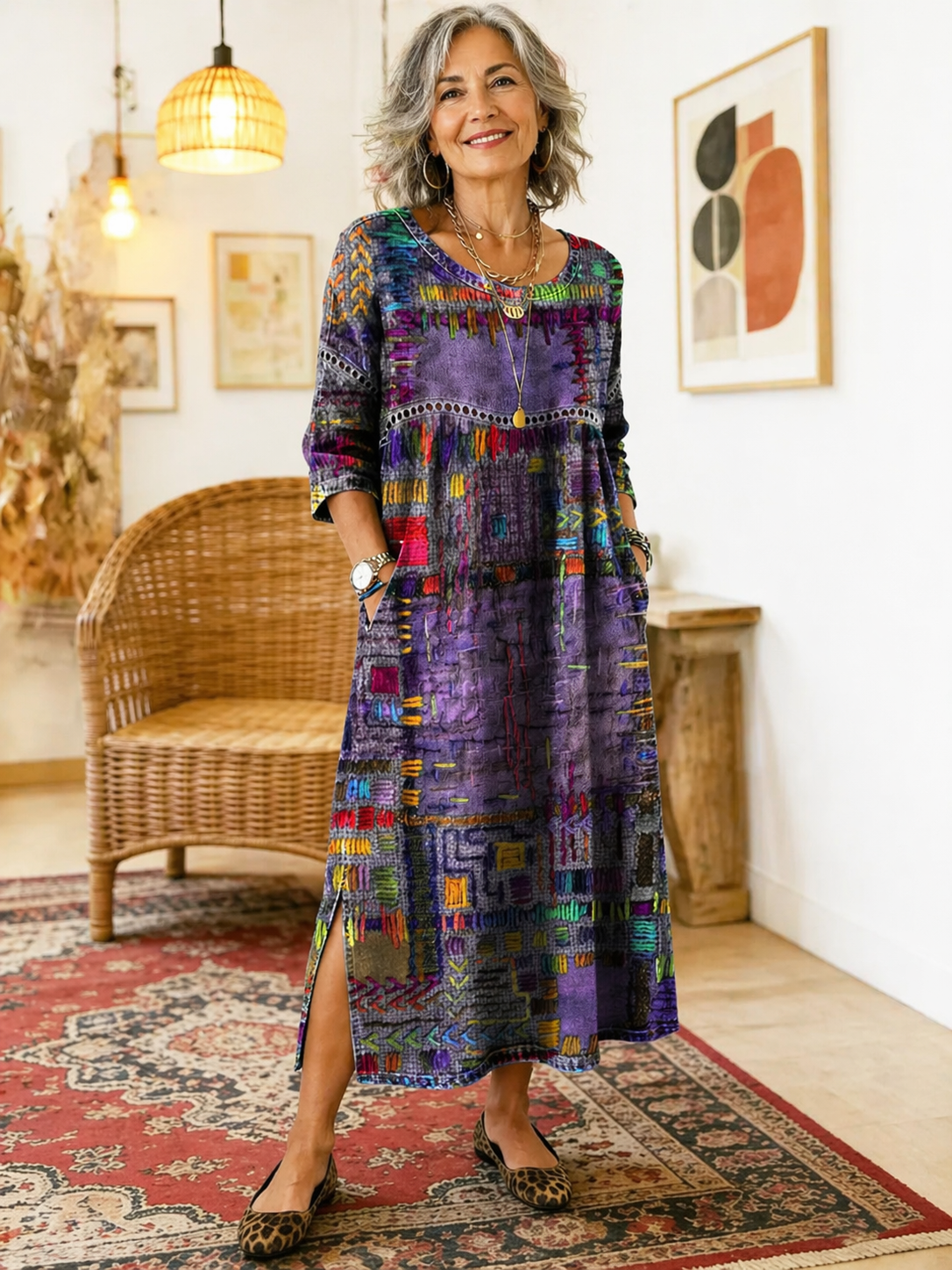 Printed Dress with Ethnic Patchwork