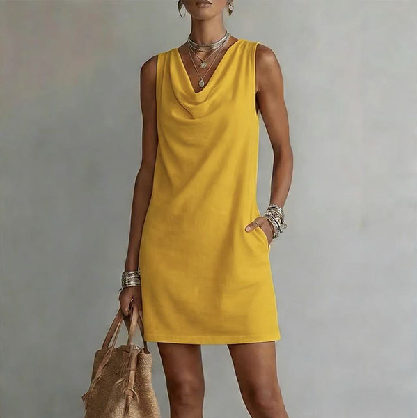 Draped-neck Sleeveless Cotton Dress