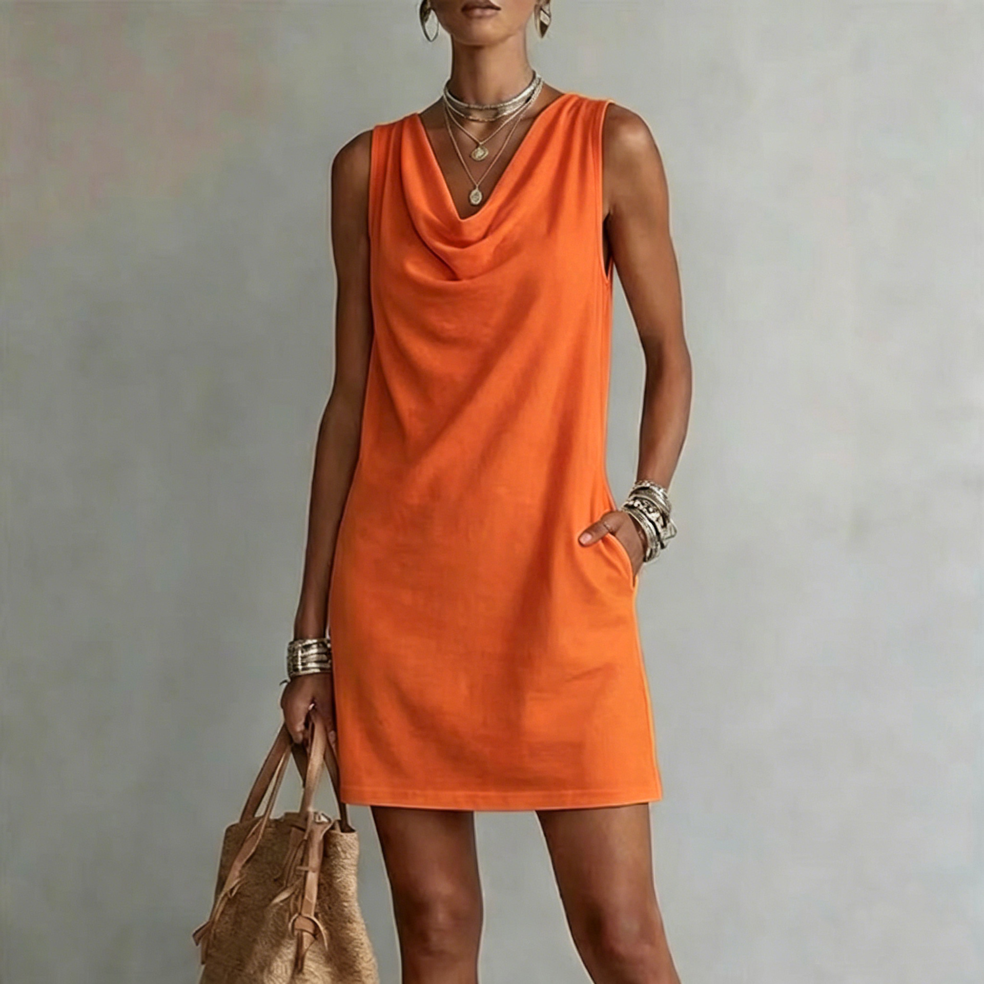 Draped-neck Sleeveless Cotton Dress