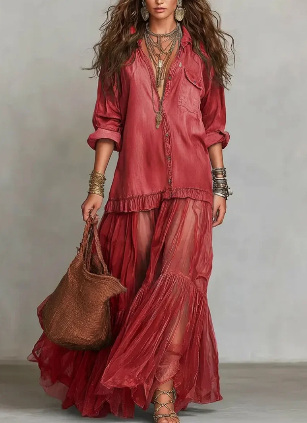 New Arrivals🔥 Women's Retro Lapel Denim Organza Patchwork Art Casual Maxi Dress