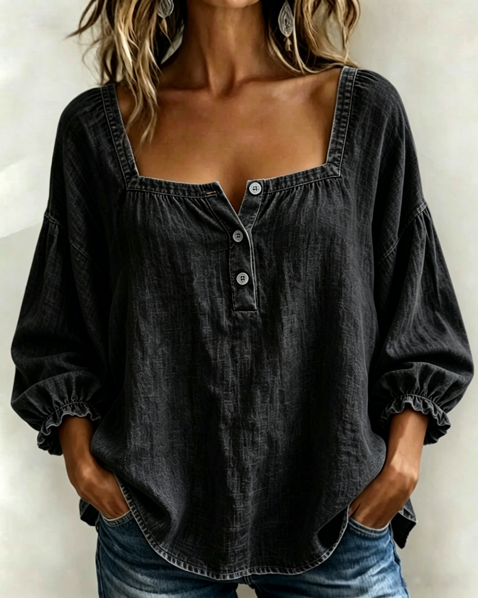 RÄUMUNGSVERKAUF🔥 Damen-Denim-Top mit quadratischem Ausschnitt und 3/4-Ärmeln