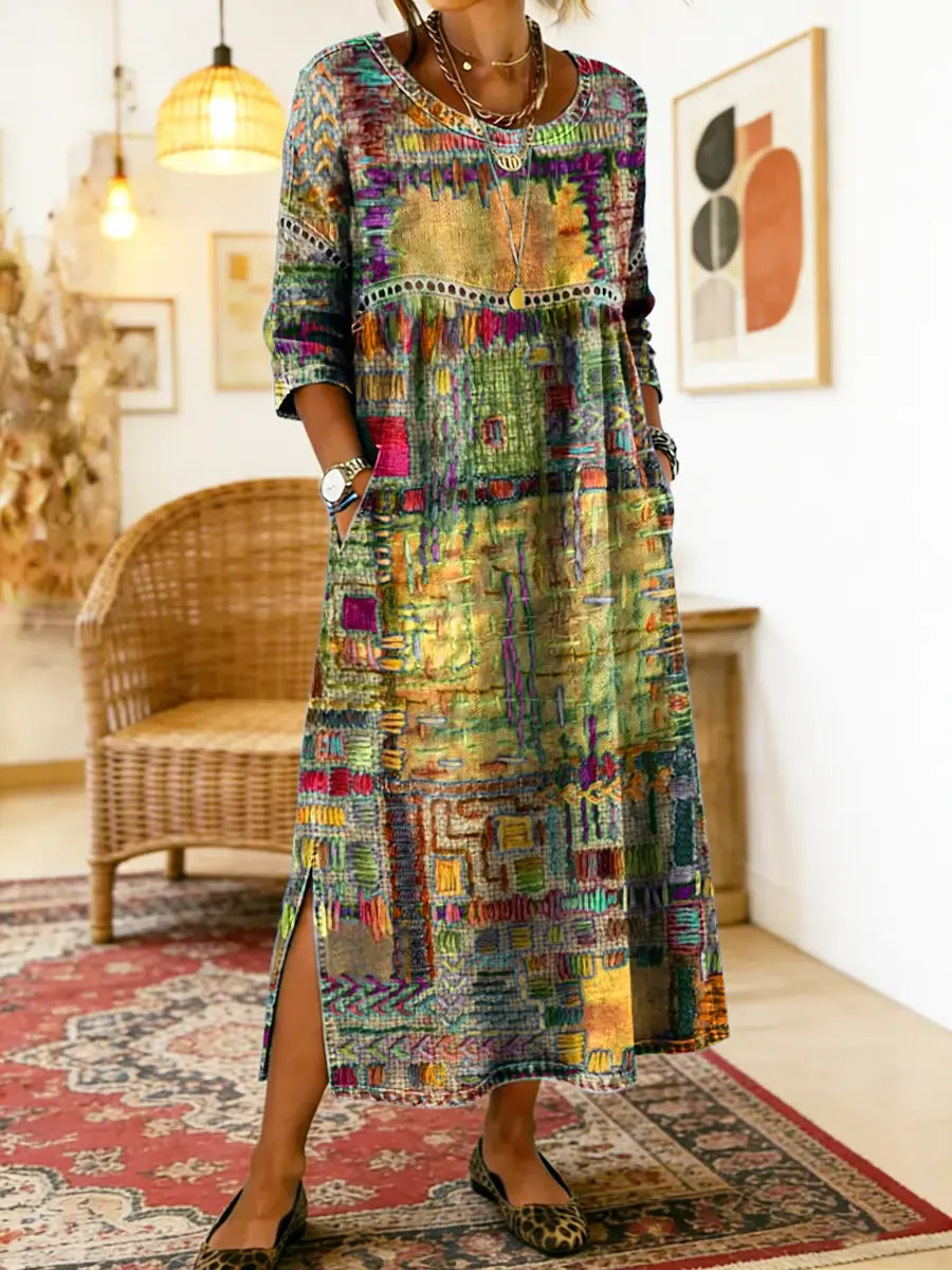 Printed Dress with Ethnic Patchwork
