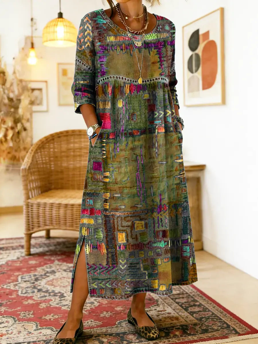 Printed Dress with Ethnic Patchwork