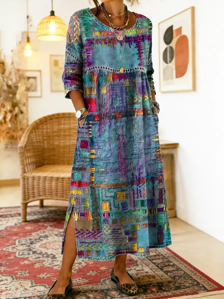 Printed Dress with Ethnic Patchwork