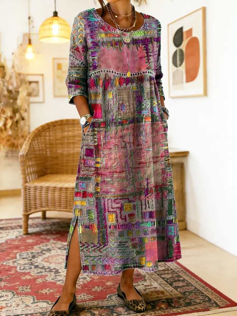 Printed Dress with Ethnic Patchwork