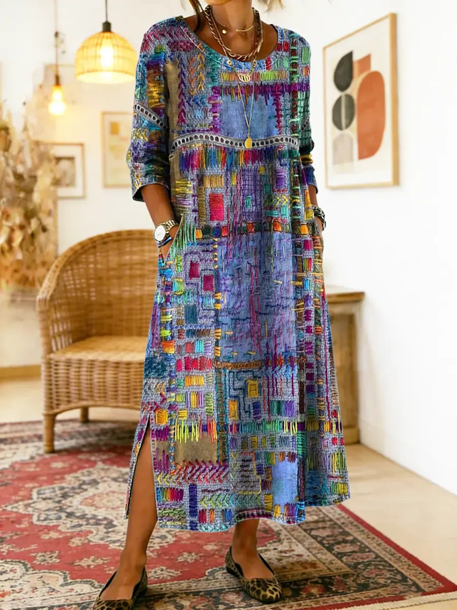 Printed Dress with Ethnic Patchwork