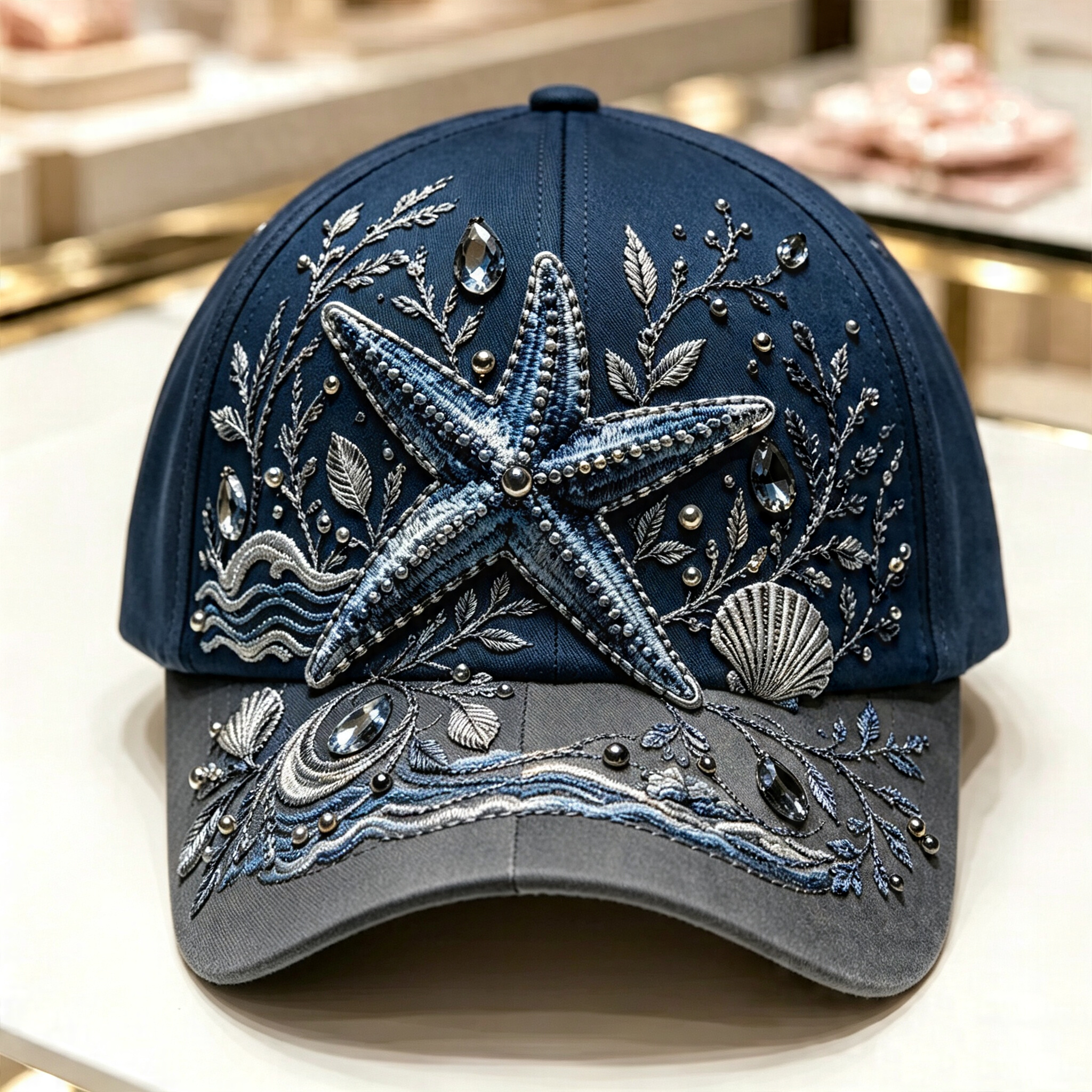 🌊 3D Ocean Creatures Embroidery Cap | Pearl & Crystal Adjustable Hat for Beach, Travel & Everyday Wear