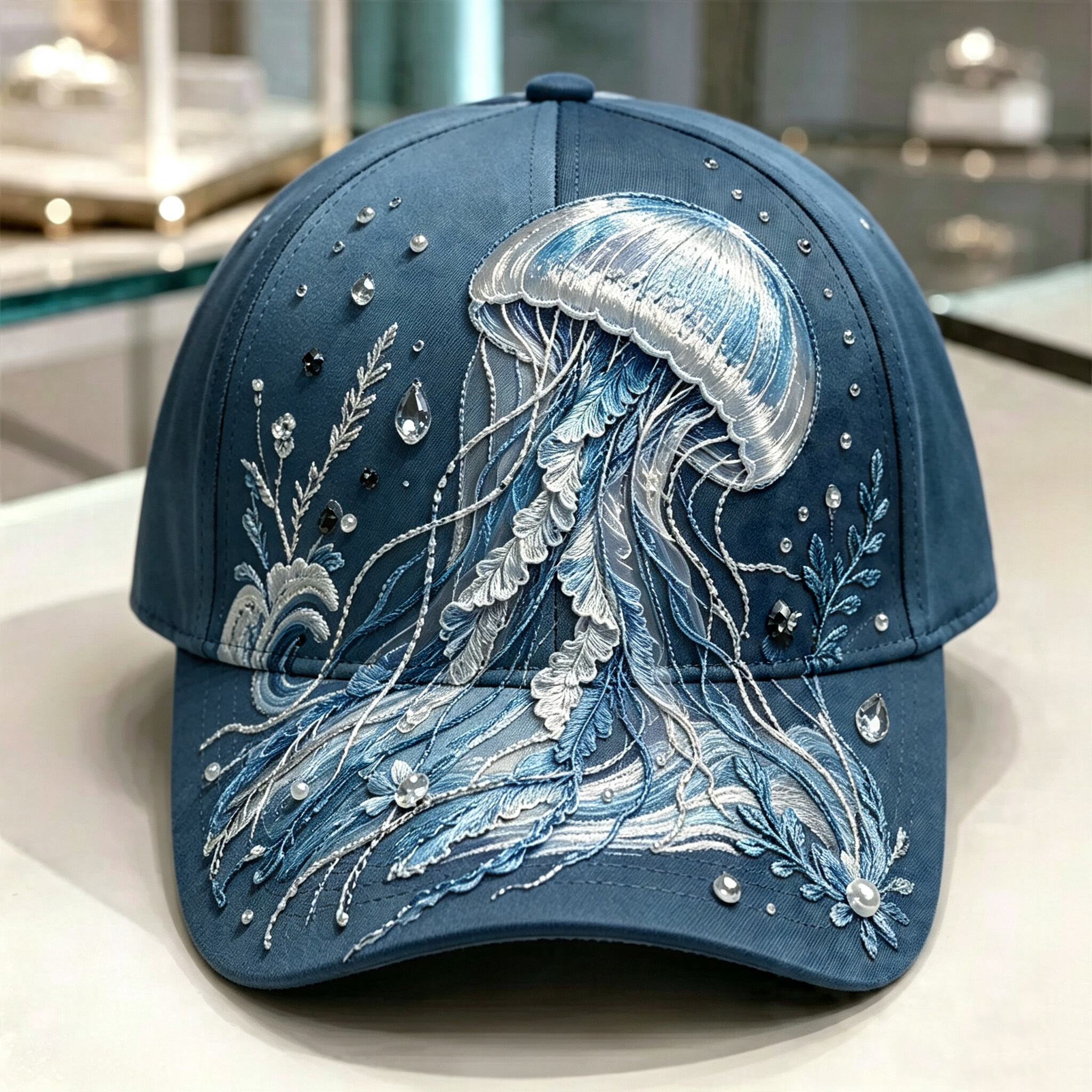 🌊 3D Ocean Creatures Embroidery Cap | Pearl & Crystal Adjustable Hat for Beach, Travel & Everyday Wear