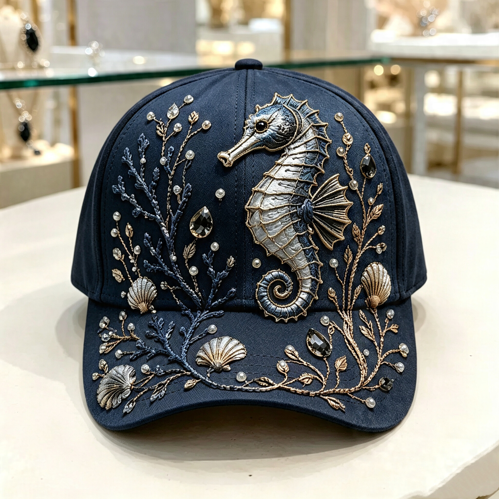 🌊 3D Ocean Creatures Embroidery Cap | Pearl & Crystal Adjustable Hat for Beach, Travel & Everyday Wear